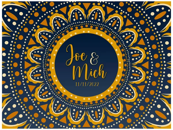 Vector Wedding Decoration Golden Mandala Blue Background Names Date Event — Stock Vector