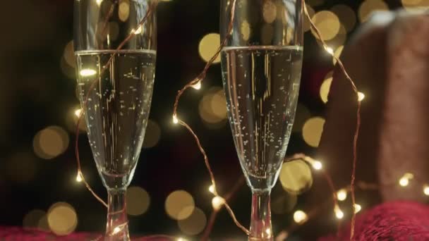 Champagne Glasses Christmas Lights Background Footage — Stock Video