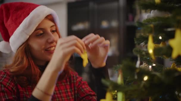 クリスマスツリーを飾る魅力的な女の子ホームフッテージ — ストック動画
