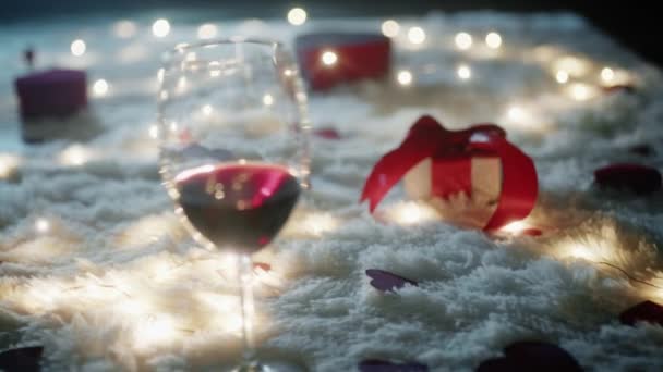 Valentine Day Festive Atmosphere Background Gifts Wine Glass — Stockvideo