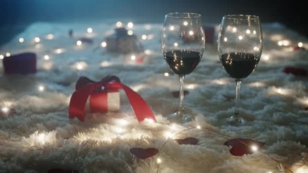 Valentine Day Festive Atmosphere Background Gifts Wine Glasses — Vídeo de Stock