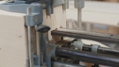 Marangoz işçisi inşaat kereste endüstrisinde ahşap kiriş kesiyor.