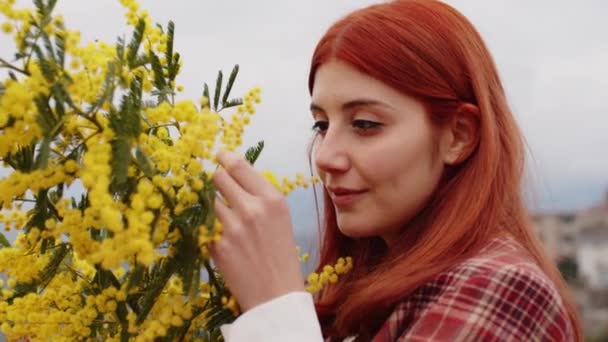 Молода дівчина святкує жіночий день з жовтими квітами мімози в руці — стокове відео
