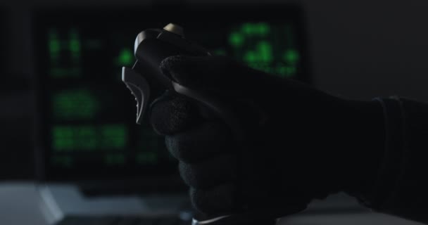 Hand of a military pilot controls a remote spy surveillance drone for warfare — Stock Video