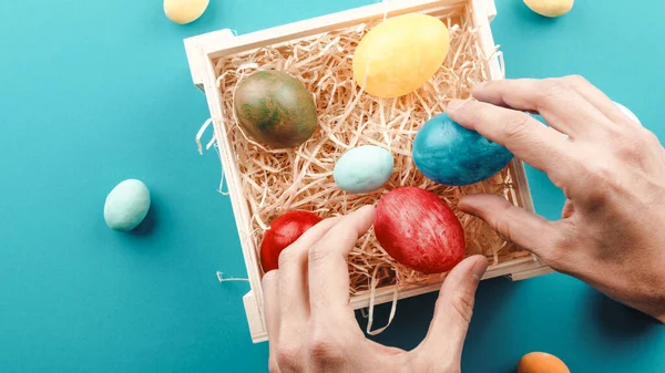 En manns hånd legger fargede egg i påsken på esken. – stockfoto