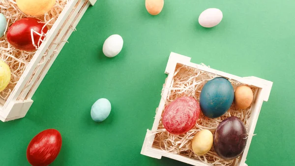 En manns hånd legger fargede egg i påsken på esken. – stockfoto