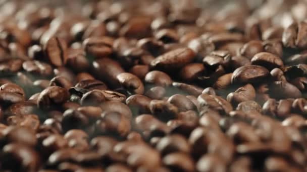 Καφές φασόλια που πέφτουν στο φούρνο για ψήσιμο, βγαίνει καπνός — Αρχείο Βίντεο