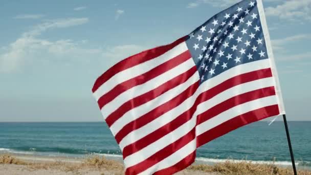 美国国旗的细节在靠近大海的海滩上飘扬 — 图库视频影像