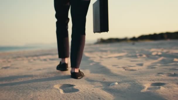 黒のブリーフケースを持ったビジネスマンが海の近くのビーチを歩く. — ストック動画