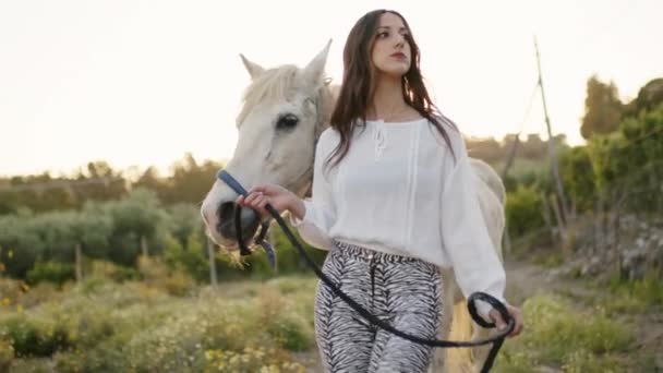 Seorang Gadis Muda Italia Yang Cantik Berpose Dengan Kuda Peternakan — Stok Video