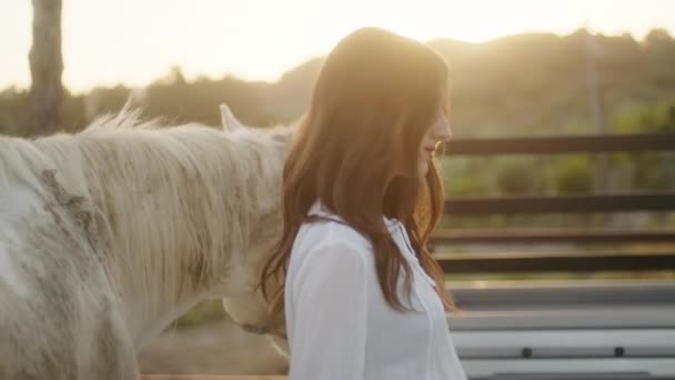 Une Jeune Belle Mannequin Italienne Pose Avec Cheval Sur Ranch — Video