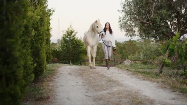 Una Joven Hermosa Modelo Italiana Posa Con Caballo Rancho Campo — Vídeo de stock