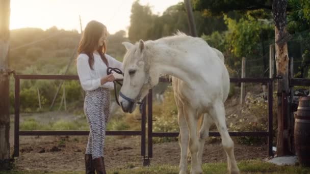 田舎の牧場で若い美しいイタリアのモデルの女の子が馬でポーズをとっています 手持ち撮影 — ストック動画