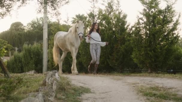 Une Jeune Belle Mannequin Italienne Pose Avec Cheval Sur Ranch — Video