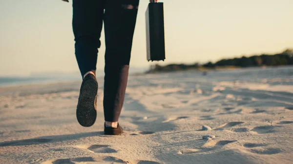 Businessman Black Briefcase Walks Beach Sea Handheld Shoot – stockfoto