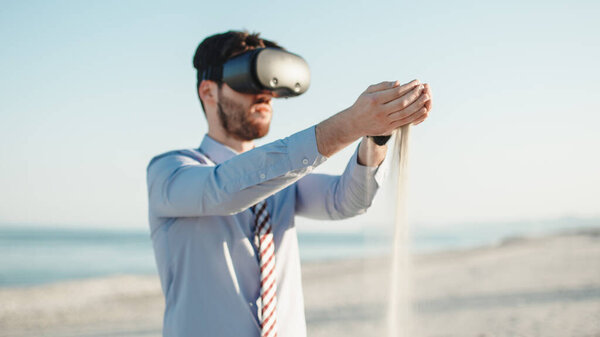Business Man Practicing Relaxation Virtual Reality Headset Beach Sea Handheld Royalty Free Stock Images