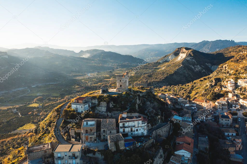 Aerial view of ancient tower of old village in Calabria