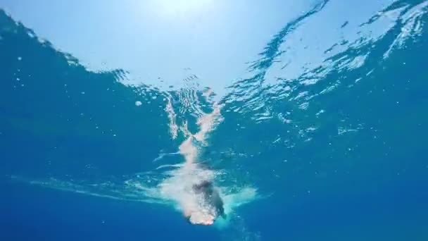 Young Boy Está Nadando Mar Aberto Verão Tiro Subaquático — Vídeo de Stock