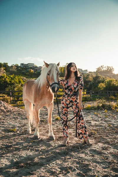 田舎の牧場で若い美しいイタリアのモデルの女の子が馬でポーズをとっています 手持ち撮影 — ストック写真