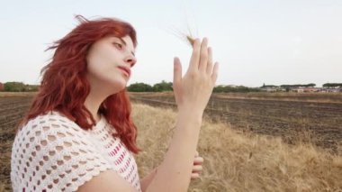 Buğday tarlasında bir kız. El kamerasıyla çekim.