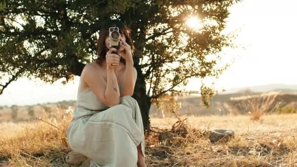 Young Girl Vintage Camera Takes Pictures Tree — Video