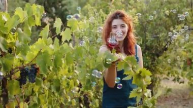 Young beautiful girl with goblet of red wine near the vineyards with quality grapes