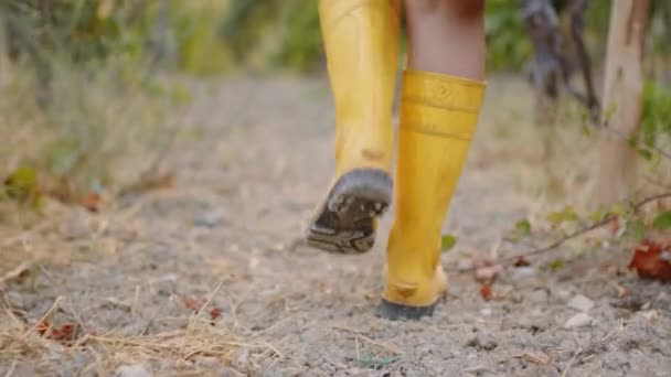 Yellow Boots Peasant Girl Walks Countryside — ストック動画