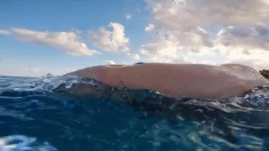 Boy swims at sunset in open ocean with cloudy sky.
