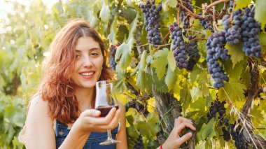 Young beautiful girl with goblet of red wine near the vineyards with quality grapes