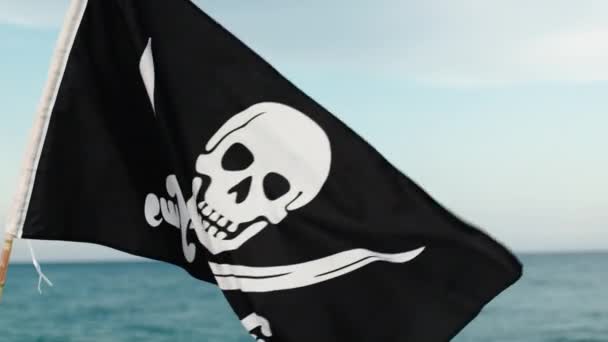 Okyanus Kıyısında Dalgalanan Kafatası Sembollü Siyah Korsan Bayrağı — Stok video