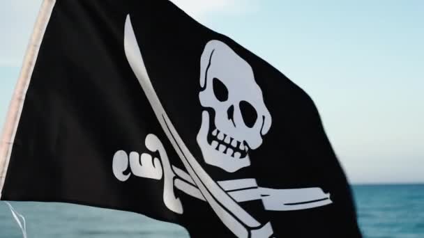 Zwarte Piratenvlag Met Schedelsymbool Zwaaiend Het Strand Bij Oceaan — Stockvideo