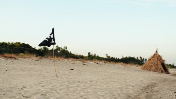 Black Pirate Flag Skull Symbol Waving Beach Ocean — Stock Video