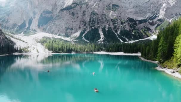 Jezero Braies Itálii Horách Létě Letecký Záběr — Stock video