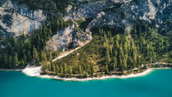 Aerial view of mountain Braies lake aerial shoot