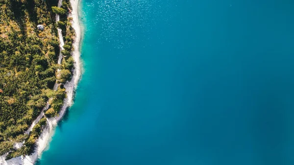 Aerial view of mountain Braies lake aerial shoot