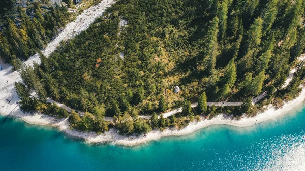 Aerial view of mountain Braies lake aerial shoot