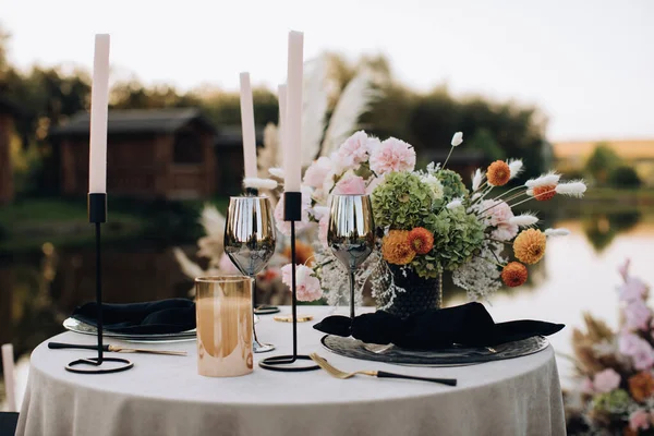 Cena Romántica Playa Del Lago Estilo Boho — Foto de Stock