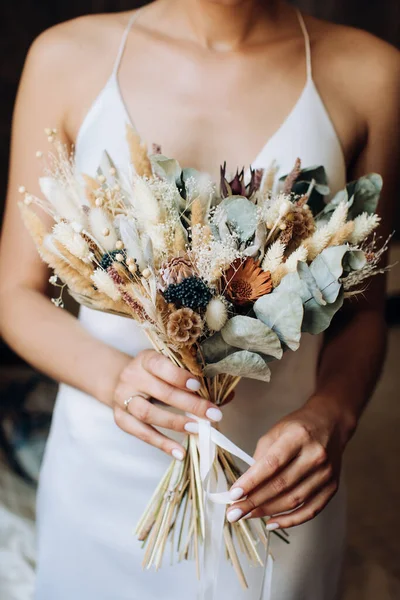 Bride Holds Her Hands Beautiful Bouquet Dried Flowers Style Boho Royalty Free Stock Images