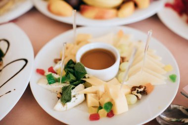 Tabak ve bal üzerindeki peynirin farklı türleri. Tatil partisinde atıştırmalıklar