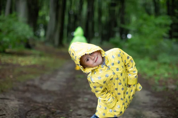 Gadis Kecil Lucu Dengan Mantel Hujan Kuning Tersenyum Hutan Musim — Stok Foto