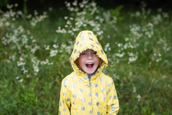 Funny Little Girl Yellow Raincoat Background Forest Royalty Free Stock Photos