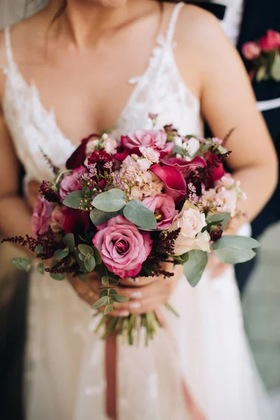 Bride Holds Beautiful Bouquet Pink Roses Stock Photo