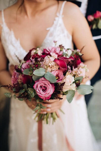 Bride Holds Beautiful Bouquet Pink Roses Stock Picture