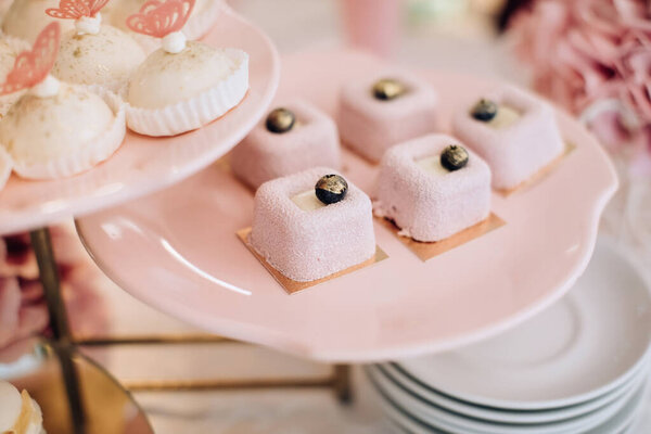 Sweet Food Wedding Ceremony Pink Cakes Plate Stock Image