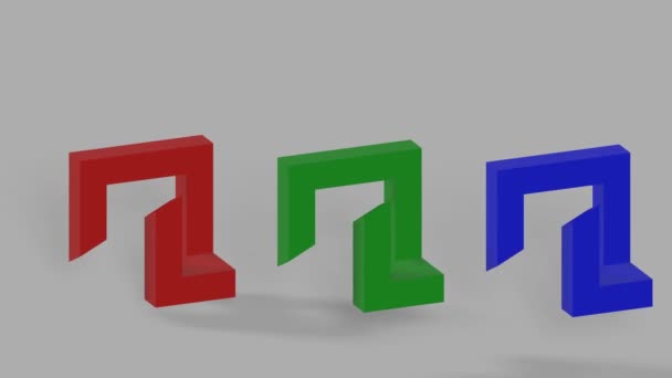 Three impossible boddies in red, green and blue rotating on grey background. Paradox graphics, optical illusion. 3d magic trick. — Stock Video