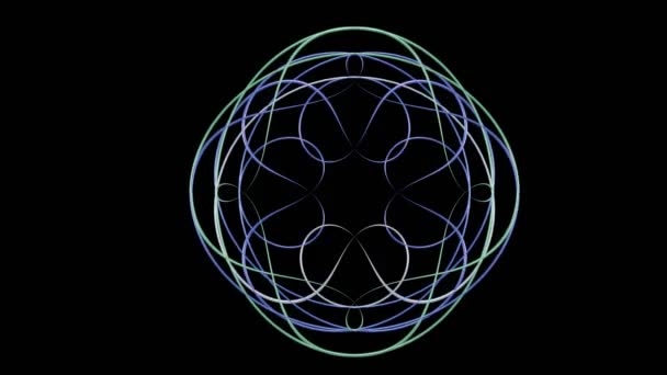 Ozdoba oparta na podwójnym kole rozwija się w kształcie kwiatu symetryczne w czterech płaszczyznach, zarys zaprojektowany z metalowych drutów w kolorze niebieskim, zielonym i srebrnym, skręcony wzór na czarnym — Wideo stockowe