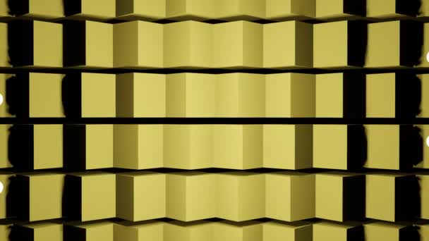Les cubes jaunes en rangées les uns au-dessus des autres tournent alternativement dans la direction opposée, quatre sources lumineuses créent des reflets circulaires mobiles. Animation abstraite 3D — Video