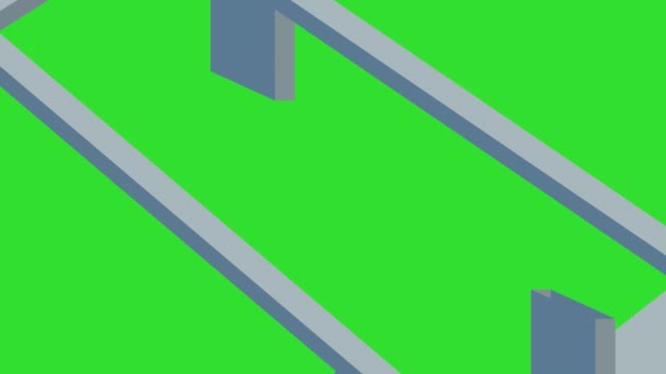 Penrose triangle graphic paradox, rotating solids at a certain angle, displays a paradoxical geometric 3D solid. Triangular arrow pointing to the right. White body on green screen — Stock Video