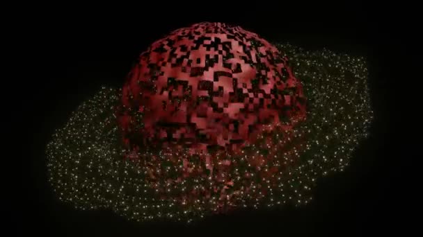 Fantastyczna czerwona asteroida powoli wyłania się z czerwonych powierzchni. Otacza go pierścień białych cząstek światła i powoli obraca się wokół ukośnej osy. Animacja science-fiction z kosmosem thema — Wideo stockowe