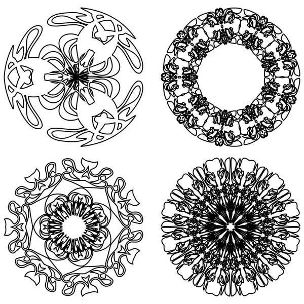 Einfarbige Spitzenornamente, vier dekorative kalligrafische Muster im schwarz-weißen Design, runde Kritzelmotive, Kreis-Vintage-Ornament. Textile Zierelemente, Druck auf Packpapier. — Stockvektor